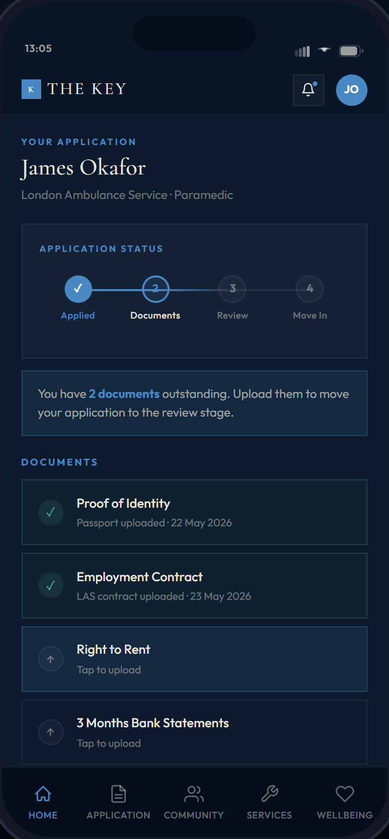 The Key Worker App: an application in progress, with documents uploaded and outstanding